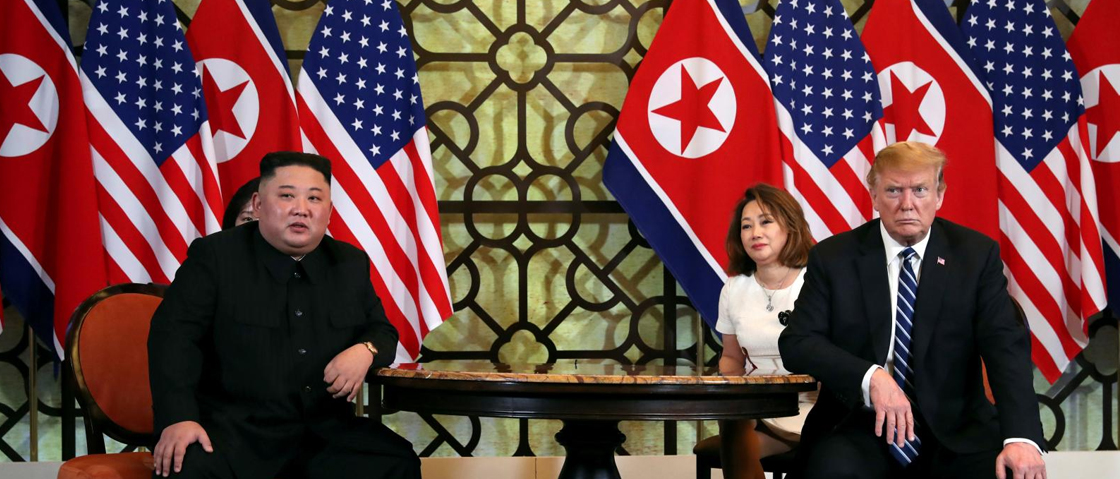 Leah Millis / REUTERS North Korean leader Kim Jong Un and U.S. President Donald Trump listen to questions from the media during their one-on-one bilateral meeting at the second North Korean-U.S. summit in the Metropole hotel in Hanoi, Vietnam, February 2019. 