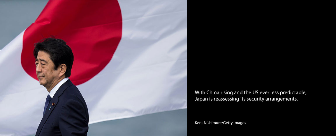 Shinzō Abe in front of Japanese flag