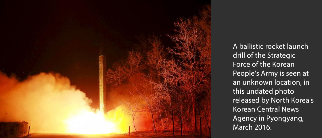 KCNA via REUTERS A ballistic rocket launch drill of the Strategic Force of the Korean People's Army is seen at an unknown location, in this undated photo released by North Korea's Korean Central News Agency in Pyongyang, March 2016. 