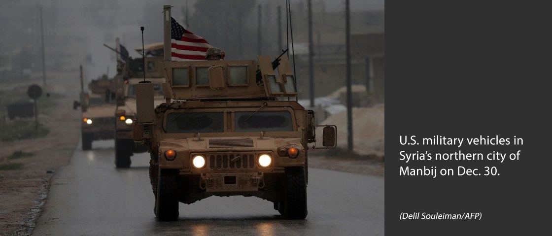 U.S. military vehicles in Syria’s northern city of Manbij on Dec. 30. (Delil Souleiman/AFP)