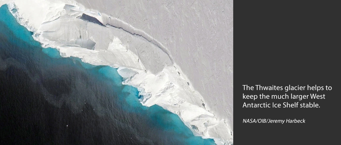 The Thwaites glacier, above, helps to keep the much larger West Antarctic Ice Shelf stable.Credit...NASA/OIB/Jeremy Harbeck