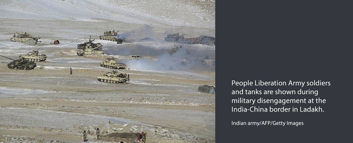 People Liberation Army soldiers and tanks are shown during military disengagement at the India-China border in Ladakh. (Indian army/AFP/Getty Images)