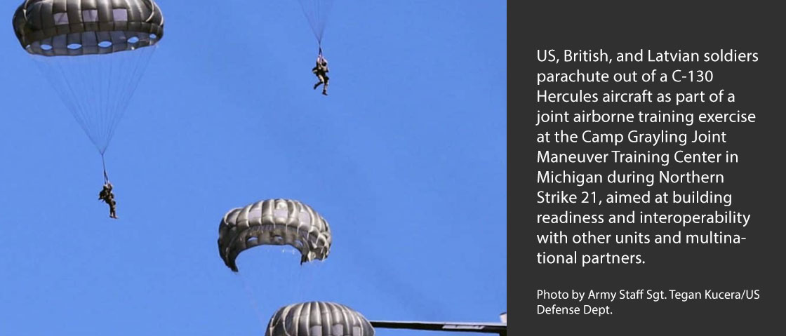 US, British, and Latvian soldiers parachute out of a C-130 Hercules aircraft as part of a joint airborne training exercise at the Camp Grayling Joint Maneuver Training Center in Michigan during Northern Strike 21, aimed at building readiness and interoperability with other units and multinational partners. Photo by Army Staff Sgt. Tegan Kucera/US Defense Dept.