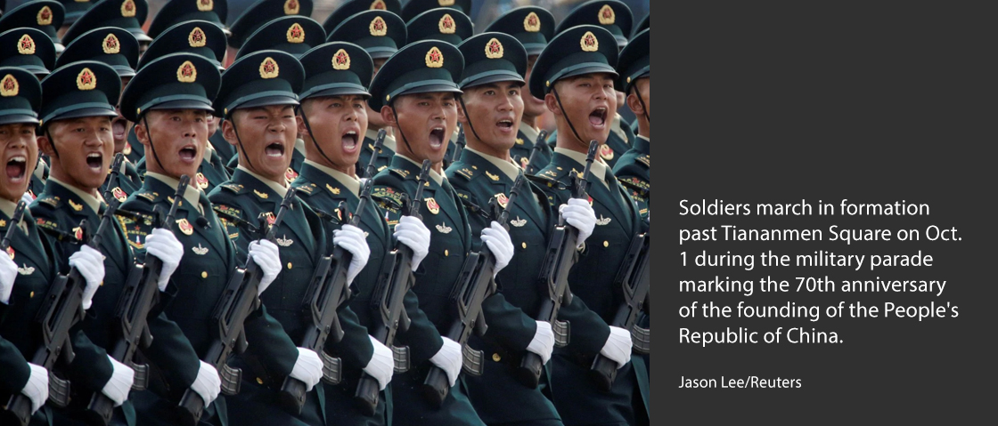 Soldiers march in formation past Tiananmen Square on Oct. 1 during the military parade marking the 70th anniversary of the founding of the People's Republic of China. (Jason Lee/Reuters)