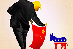 Cartoon of President Trump using red China flag to bullfight a donkey 