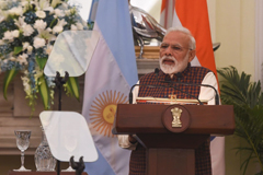 Indian Prime Minister Narendra Modi during a press briefing in New Delhi on Feb. 18, 2019. (Money Sharma/AFP/Getty Images)