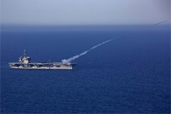 The U.S. Navy aircraft carrier USS Abraham Lincoln (CVN-72) fires a RIM-116 Rolling Airframe Missile during a live-fire exercise in the Pacific Ocean, 9 April 2024. WikiCommons