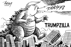 Political cartoon featuring Godzilla monster but with Trump head blowing flames of tariffs decimating a city with the caption Trumpzilla