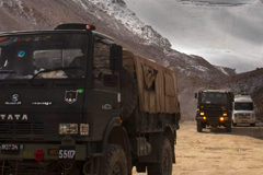 Trucks driving through the India/China border region