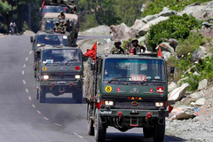 An Indian Army convoy moves along the highway leading to Ladakh, June 18, 2020. Photograph: Danish Ismail/Reuters