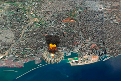 The blast at the Port of Beirut from August 4 seen on a rendered satellite map. Authorities and aid workers are still searching for the dead and injured.Vampy1/Deposit Photos