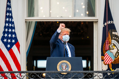 President Trump had been taking a steroid that doctors say can produce euphoria, bursts of energy and even a sense of invulnerability. Trump wearing a mask in front of White House pumping his fist. Credit...Doug Mills/The New York Times