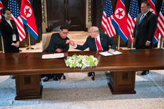 President Trump and Kim Jong-un, North Korea’s leader, during a signing ceremony on Sentosa Island, Singapore, in June.CreditCreditDoug Mills/The New York Times