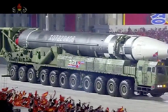 This image made from video broadcast by North Korea’s KRT shows what appears to be a new intercontinental ballistic missile during a parade in Pyongyang on Oct. 10. (AP)