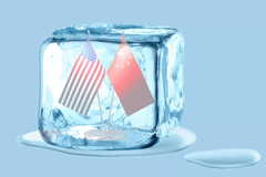 US flag and China flag inside an ice cube