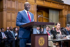 Gambia’s Justice Minister Abubacarr Tambadou speaks on the first day of hearings in a case against Myanmar alleging genocide against the minority Muslim Rohingya population at the International Court of Justice in The Hague. Credit: UN Photo/ICJ-CIJ/Frank van Beek.