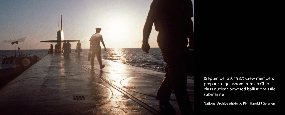 September 30, 1987 – Crew members prepare to go ashore from an Ohio class nuclear-powered ballistic missile submarine (National Archive photo by PH1 Harold J. Gerwien)