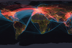 Map of the world with red lines connecting countries/cities